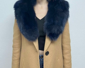 Navy Blue Fur Fox Collar, Luxury Fur accessories,Real Fur