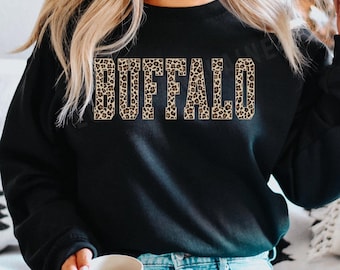 Buffalo Crewneck Sweatshirt, Leopard Animal Print Buffalo Shirt, Cheetah Print Womens BUF Sweater, BUF 716 Shirt, Gift for Wife Girlfriend