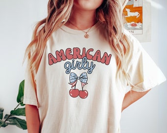 Fourth of July Coquette Comfort Colors® Bow Shirt, American Flag Cherries Shirt, 4th of July Womens Shirt, Patriotic Tee, Preppy Coquette
