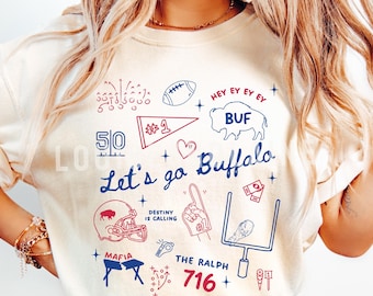 Maillot de football Buffalo Comfort Colors® à doodles, cadeau pour femme Buffalo pour fan, Let's Go Buffalo, T-shirt tendance BUF 716, T-shirt de sport girly