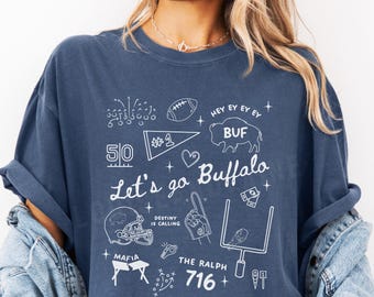 Camiseta Buffalo Football Comfort Colors® Doodles, regalo para fan de Buffalo, Let's Go Buffalo, camiseta BUF 716 de moda, camiseta deportiva femenina