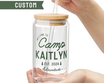 Camp Bachelorette Glass Tumbler, Camp Bach Party Favor, Camping Theme Personalized Glass Coffee Cup, Custom Bridesmaid Gifts, Straw and Lid
