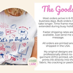 May include: White t-shirt with a blue and red graphic design. The design includes the text "Let's go Buffalo" and various sports-themed illustrations such as a football, a helmet, and a goalpost. The shirt also has the text "The Ralph 716".