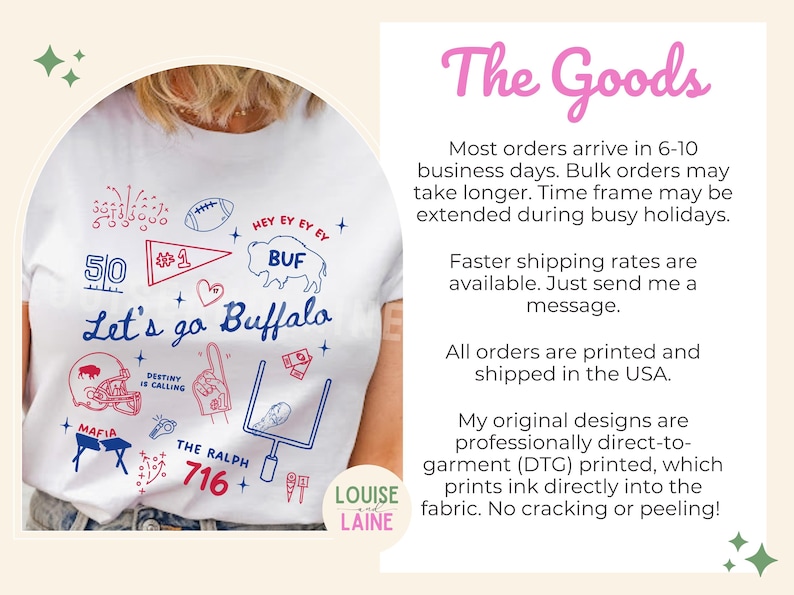 May include: White t-shirt with a blue and red graphic design. The design includes the text "Let's go Buffalo" and various sports-themed illustrations such as a football, a helmet, and a goalpost. The shirt also has the text "The Ralph 716".