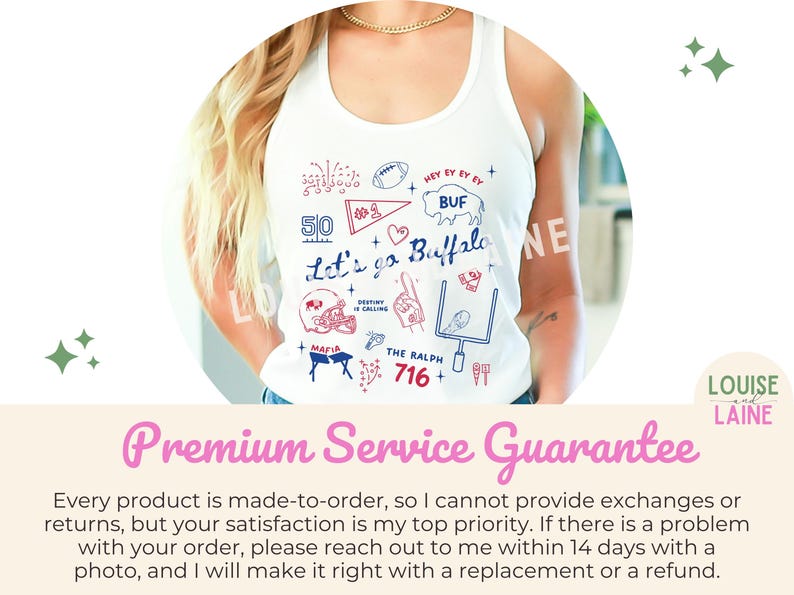 May include: White tank top with a graphic design featuring the text "Let's go Buffalo" and various football-themed illustrations in red and blue. Includes the text "The Ralph 716+".