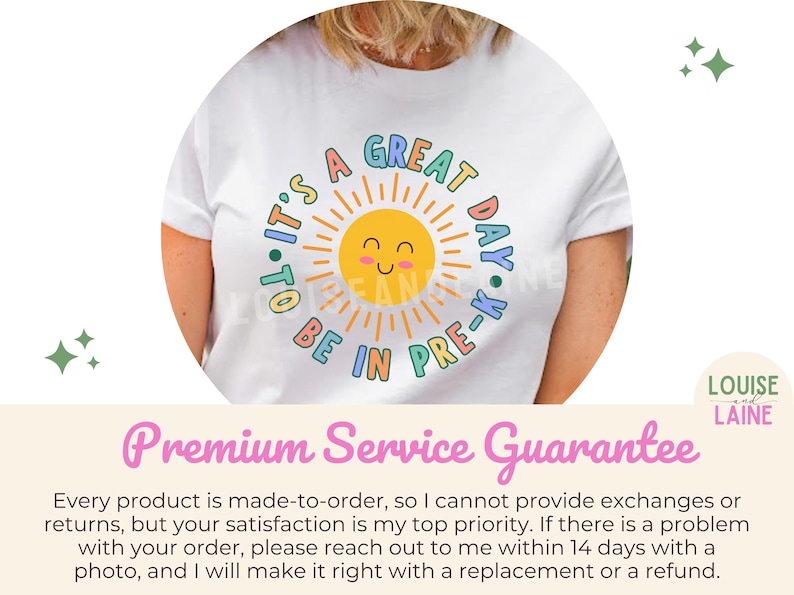 Peut inclure: Un t-shirt blanc &agrave; manches courtes avec un motif central repr&eacute;sentant un soleil jaune souriant aux rayons orange. Le texte "IT'S A GREAT DAY TO BE IN PRE-K" est imprim&eacute; dans une police multicolore circulaire autour de l'illustration.