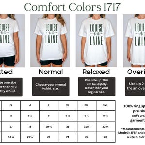 May include: A size chart for t-shirts with different fit options: fitted, normal, relaxed, and oversized. The chart shows the measurements in inches for sleeve length, full body length, and body width for sizes S through 3XL. The chart also includes information about the fabric: 100% ring spun cotton, pre-shrunk, soft washed, garment-dyed.