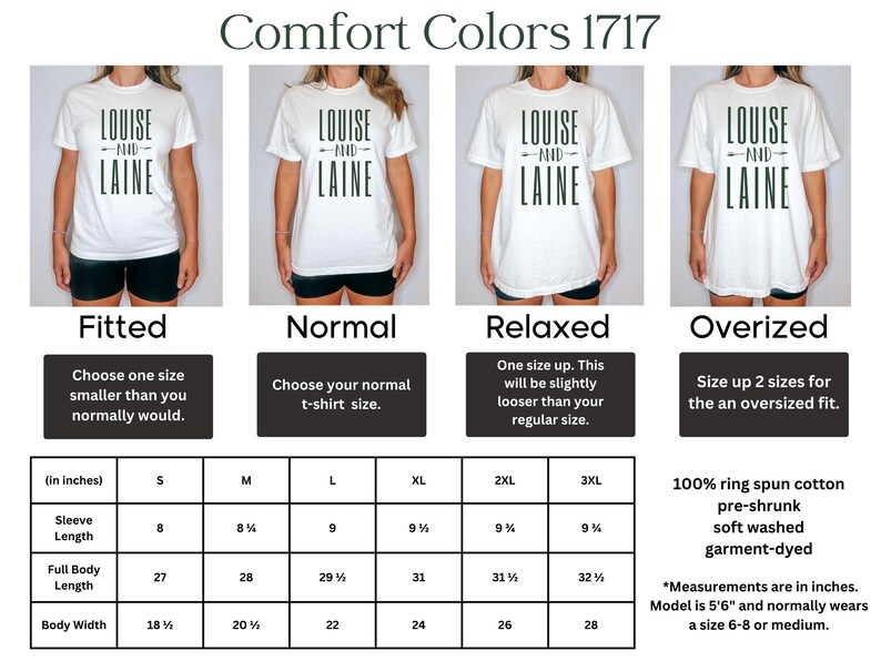 May include: A size chart for t-shirts with different fit options: fitted, normal, relaxed, and oversized. The chart shows the measurements in inches for sleeve length, full body length, and body width for sizes S through 3XL. The chart also includes information about the fabric: 100% ring spun cotton, pre-shrunk, soft washed, garment-dyed.