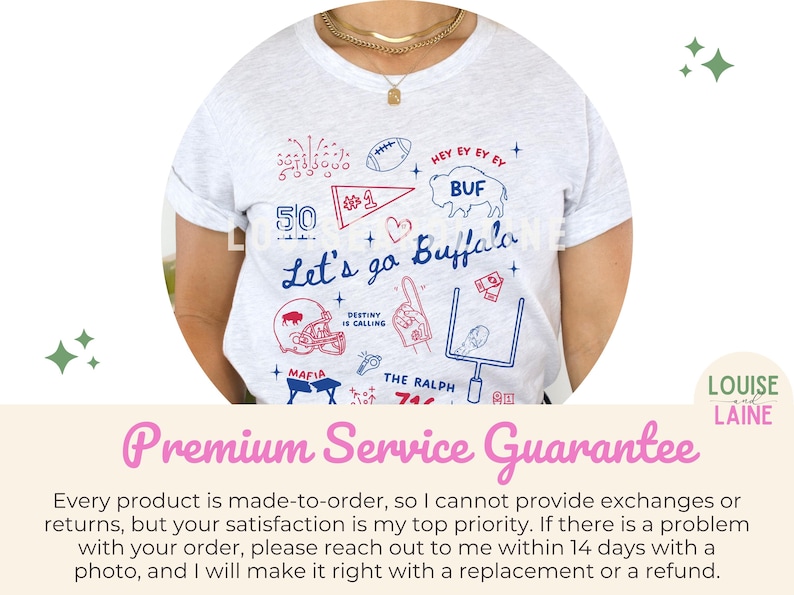 May include: A light gray t-shirt with a hand-drawn design featuring the text "Let's go Buffalo" in blue script. The design includes a football, a helmet, and other football-related graphics in red and blue.