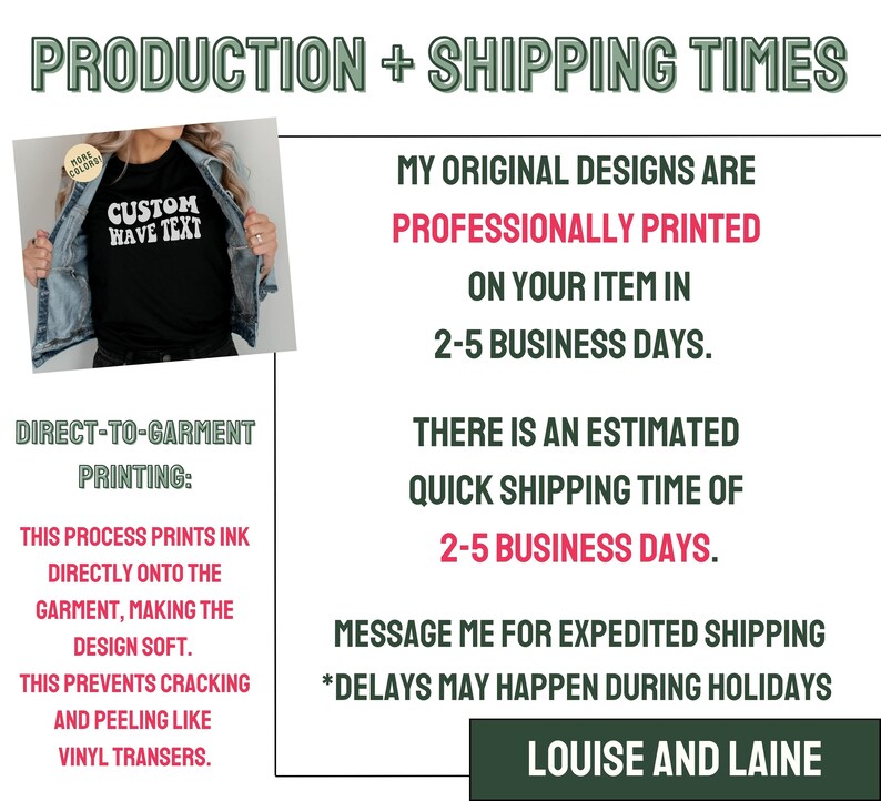 May include: A graphic design showing the production and shipping times for custom printed items. The text reads "Production + Shipping Times", "My original designs are professionally printed on your item in 2-5 business days", "There is an estimated quick shipping time of 2-5 business days", "Message me for expedited shipping", "*Delays may happen during holidays", "Louise and Laine".