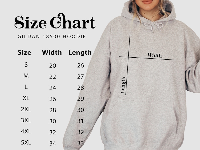 May include: Size chart for a Gildan 18500 hoodie, showing width and length measurements in inches for sizes S through 5XL.