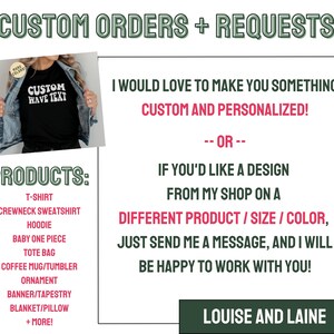 May include: A graphic design shop offering custom orders and personalized items. The shop offers a variety of products including t-shirts, sweatshirts, hoodies, tote bags, coffee mugs, and more. The text on the image reads "Custom Orders + Requests" and "Custom Wave Text".