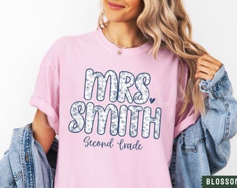 Custom 2nd Grade Teacher Shirt, Comfort Colors® Personalized Blue Toile Tshirt, Teacher Name Shirt, New Teacher Gift, Teacher Team Shirt