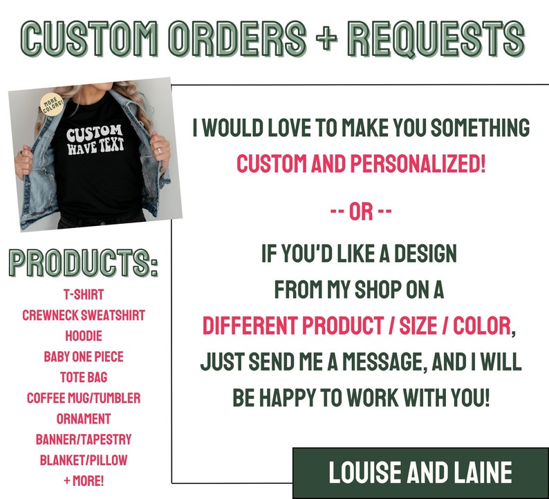 May include: A graphic design shop advertises custom orders and requests. The ad features a black t-shirt with the text "CUSTOM WAVE TEXT" and a list of products offered, including t-shirts, sweatshirts, hoodies, tote bags, and more.