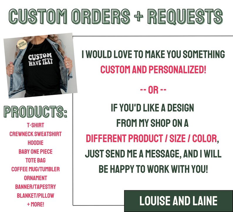 Puede incluir: Una tienda de dise&ntilde;o gr&aacute;fico anuncia pedidos y solicitudes personalizados. El anuncio presenta una camiseta negra con el texto "CUSTOM WAVE TEXT" y una lista de productos que se ofrecen, incluyendo camisetas, sudaderas, sudaderas con capucha, bolsas de mano, y m&aacute;s.