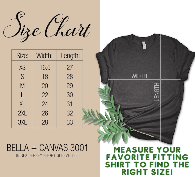 May include: Size chart for a Bella + Canvas 3001 unisex jersey short sleeve tee. The chart shows the width and length in inches for sizes XS to 3XL.