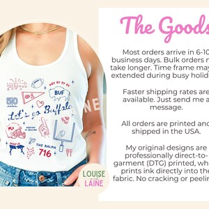 May include: White tank top with a blue and red graphic design. The design includes the text "Let's go Buffalo" and various sports-themed illustrations. The tank top is a casual style.
