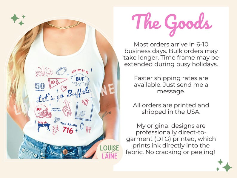 May include: White tank top with a blue and red graphic design. The design includes the text "Let's go Buffalo" and various sports-themed illustrations. The tank top is a casual style.