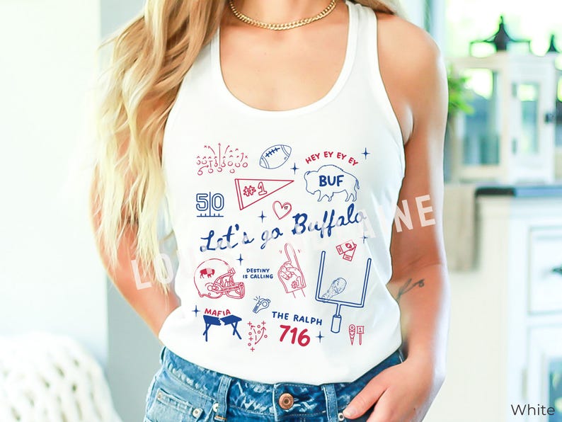 May include: White tank top with a blue and red graphic design. The design includes the text "Let's go Buffalo", a football, a helmet, and the number 716. The tank top is sleeveless.
