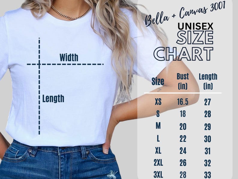 Peut inclure: Tableau des tailles unisexe pour les t-shirts Bella + Canvas 3001, indiquant les mesures de la poitrine et de la longueur en pouces pour les tailles XS &agrave; 3XL.