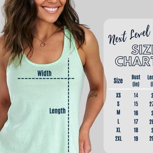 May include: A light green tank top with a racerback design. The image includes a size chart from Next Level 1533, showing bust and length measurements in inches for sizes XS to 2XL. The chart also indicates the width and length of the tank top.