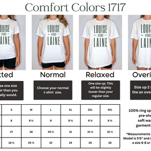 May include: A size chart for t-shirts with different fit options: fitted, normal, relaxed, and oversized. The chart shows the measurements in inches for sleeve length, full body length, and body width for sizes S through 3XL. The chart also includes information about the fabric: 100% ring spun cotton, pre-shrunk, soft washed, garment-dyed.