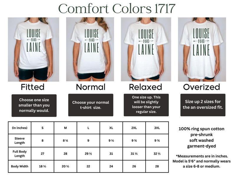 May include: A size chart for t-shirts with different fit options: fitted, normal, relaxed, and oversized. The chart shows the measurements in inches for sleeve length, full body length, and body width for sizes S through 3XL. The chart also includes information about the fabric: 100% ring spun cotton, pre-shrunk, soft washed, garment-dyed.