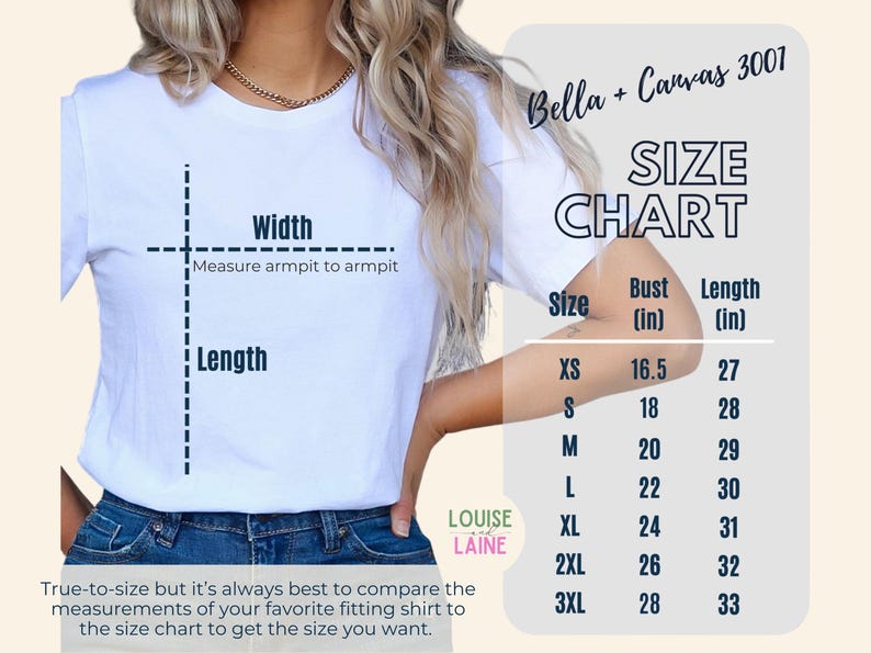 May include: White t-shirt with a size chart, including bust and length measurements in inches. The chart shows sizes XS to 3XL. The text "Bella + Canvas 3001" is visible. The shirt's width is measured armpit to armpit.