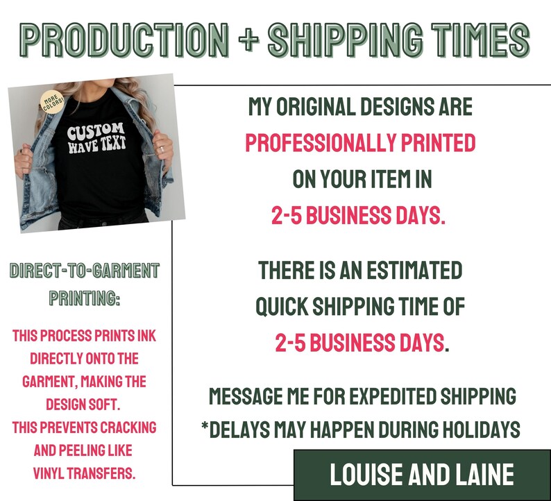 May include: A graphic design showing the production and shipping times for custom apparel. The text reads "My original designs are professionally printed on your item in 2-5 business days. There is an estimated quick shipping time of 2-5 business days. Message me for expedited shipping. *Delays may happen during holidays. Louise and Laine"