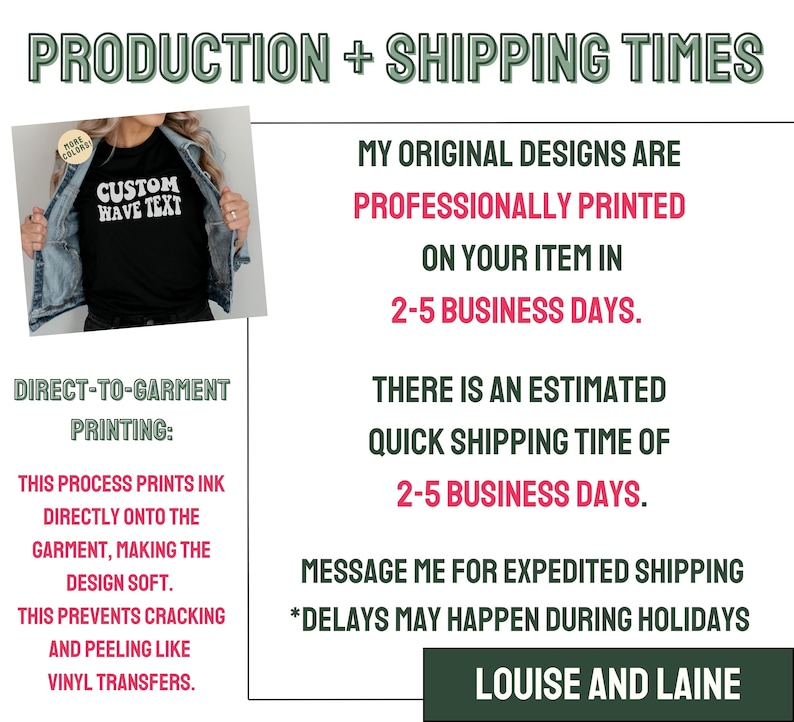 May include: A graphic design for a t-shirt that says "Custom Have Text". The text is in white with a black outline. The t-shirt is black and is being modeled by a person wearing a denim jacket. The image also includes information about production and shipping times for custom t-shirts.