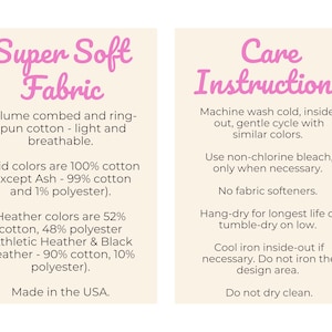 Peut inclure: Un graphique informatif avec deux colonnes sur fond clair. La colonne de gauche intitul&eacute;e Super Soft Fabric d&eacute;taille les m&eacute;langes de coton et polyester. La colonne de droite intitul&eacute;e Care Instructions liste les conseils d'entretien.