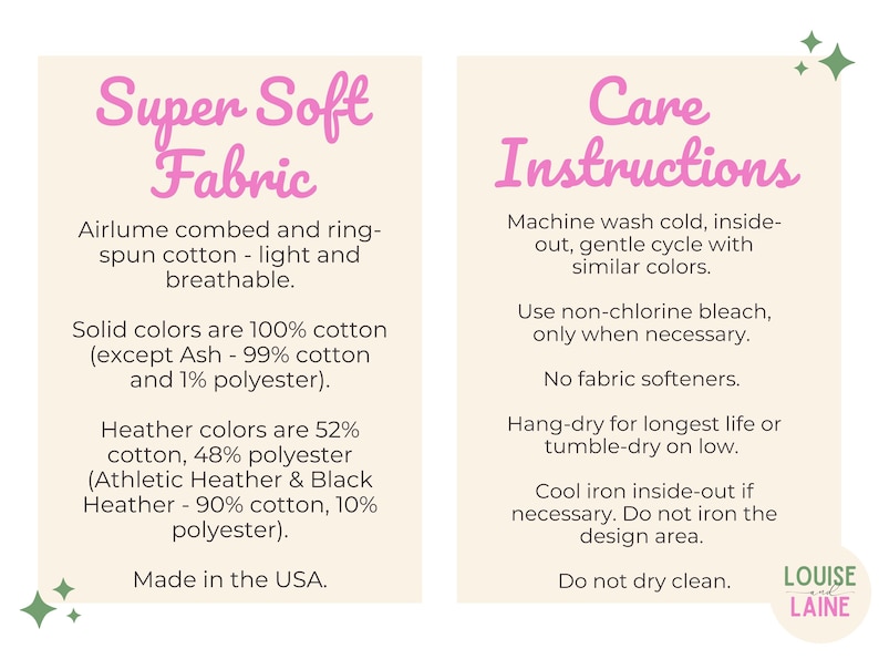 Peut inclure: Un graphique informatif avec deux colonnes sur fond clair. La colonne de gauche intitul&eacute;e Super Soft Fabric d&eacute;taille les m&eacute;langes de coton et polyester. La colonne de droite intitul&eacute;e Care Instructions liste les conseils d'entretien.