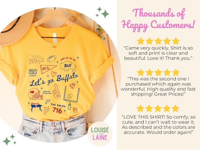 May include: Yellow V-neck t-shirt with a graphic design featuring football-themed illustrations and the text "Let's go Buffalo." The design includes a football, a helmet, and the number 50. The shirt is hanging on a wooden hanger.