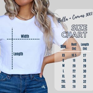 May include: Bella + Canvas 3001 size chart for t-shirts. The chart shows bust and length measurements in inches for sizes XS to 3XL.