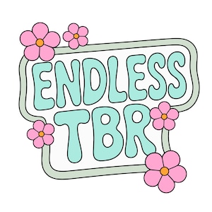 Könnte beinhalten: Ein verspieltes Design mit den Worten "ENDLESS TBR" in einer Retro-Schriftart, umrandet in Hellblau. Der Text ist vor einem weißen Hintergrund platziert und mit rosa Blumen mit orangefarbenen Zentren verziert, was eine fröhliche Ästhetik erzeugt.