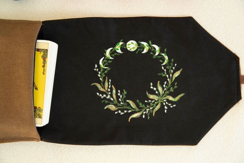 Tarot Card Wrap & Deck Pouch with Moon Phases – Hand-Painted Oracle Card Holder, Tarot Reading Cloth,  Gift for Witches