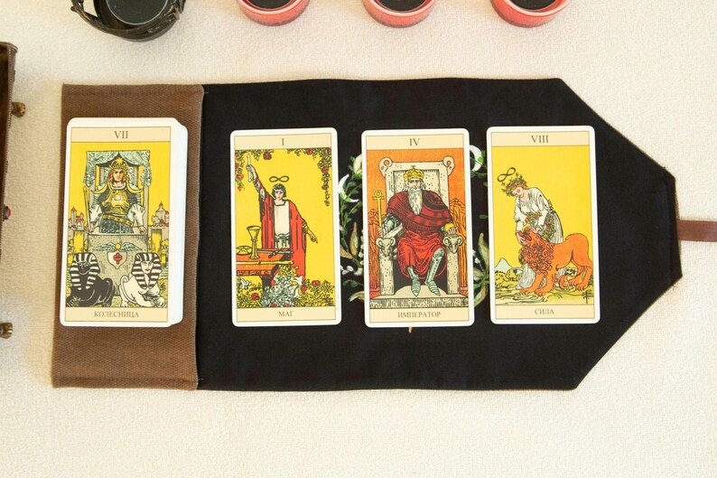 Tarot Card Wrap & Deck Pouch with Moon Phases – Hand-Painted Oracle Card Holder, Tarot Reading Cloth,  Gift for Witches