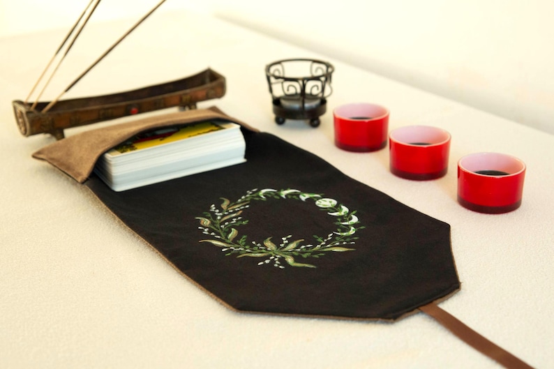 Tarot Card Wrap & Deck Pouch with Moon Phases – Hand-Painted Oracle Card Holder, Tarot Reading Cloth,  Gift for Witches