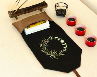 Tarot Card Wrap & Deck Pouch with Moon Phases – Hand-Painted Oracle Card Holder, Tarot Reading Cloth,  Gift for Witches