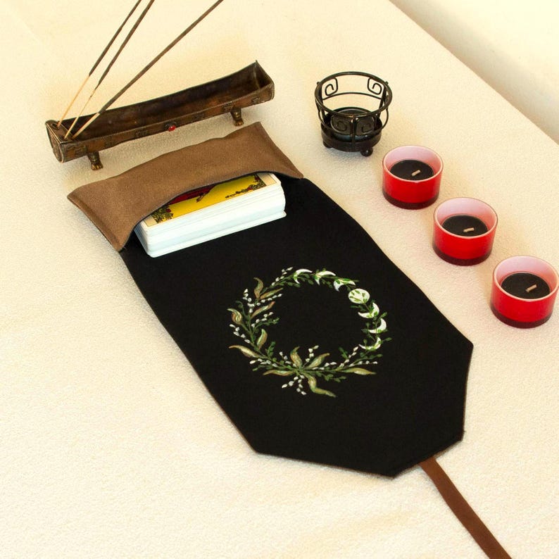 Tarot Card Wrap & Deck Pouch with Moon Phases – Hand-Painted Oracle Card Holder, Tarot Reading Cloth,  Gift for Witches