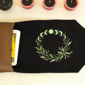 Tarot Card Wrap & Deck Pouch with Moon Phases – Hand-Painted Oracle Card Holder, Tarot Reading Cloth,  Gift for Witches