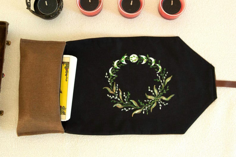 Tarot Card Wrap & Deck Pouch with Moon Phases – Hand-Painted Oracle Card Holder, Tarot Reading Cloth,  Gift for Witches