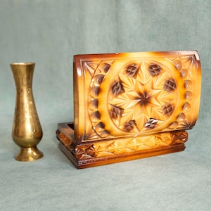 Set van 2 vintage houten kisten en koperen vaas, sieradendozen, sieradenopslag, gebeeldhouwd altaardoos rustieke aandenkendoos kistdoos, cadeau voor heksen