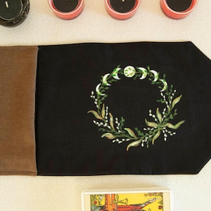 Tarot Card Wrap & Deck Pouch with Moon Phases – Hand-Painted Oracle Card Holder, Tarot Reading Cloth,  Gift for Witches