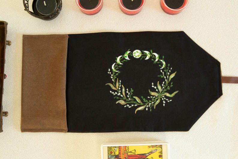 Tarot Card Wrap & Deck Pouch with Moon Phases – Hand-Painted Oracle Card Holder, Tarot Reading Cloth,  Gift for Witches