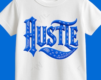 Hustle texte PNG, bleu rétro rue lettrage PNG, bandana Style texte Clipart, graphique urbain PNG, design streetwear des années 90, téléchargement immédiat