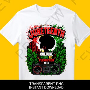 Könnte beinhalten: Weißes T-Shirt mit einem farbenfrohen Grafikdesign zum Thema Juneteenth. Das Design zeigt das Wort "Juneteenth", eine Frauensilhouette, Gebäude und den Text "Culture Needs No Permission 1865".