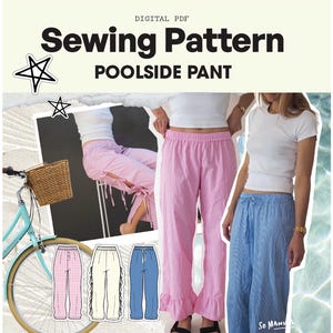 Patrón de costura fácil para pantalón en PDF / con bolsillos, lazos laterales, volantes y cordón