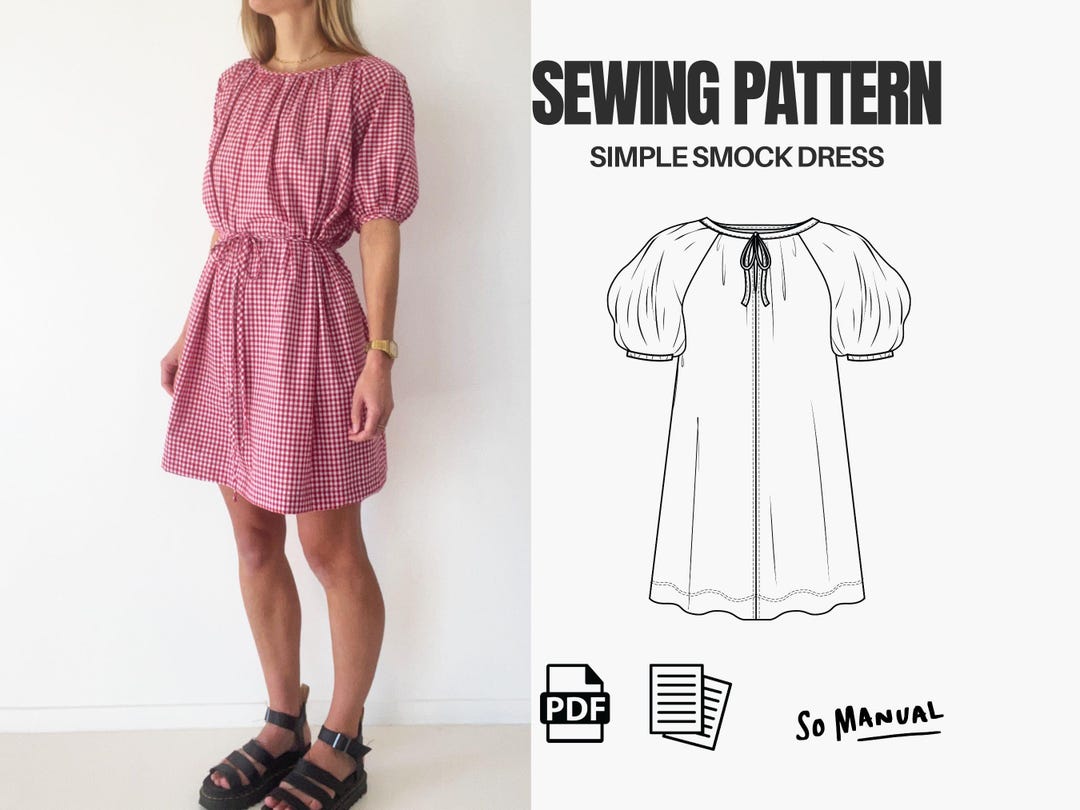 Simple Smock Dress PDF Sewing Pattern Gathered Puff Sleeve Mini Dress ...