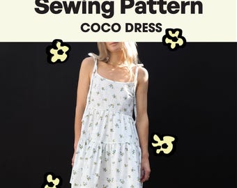 May include: Digital PDF sewing pattern for the Coco Dress. The dress is white with a floral pattern and features tie straps and a tiered skirt. The image includes the text "Sewing Pattern" and "Coco Dress".